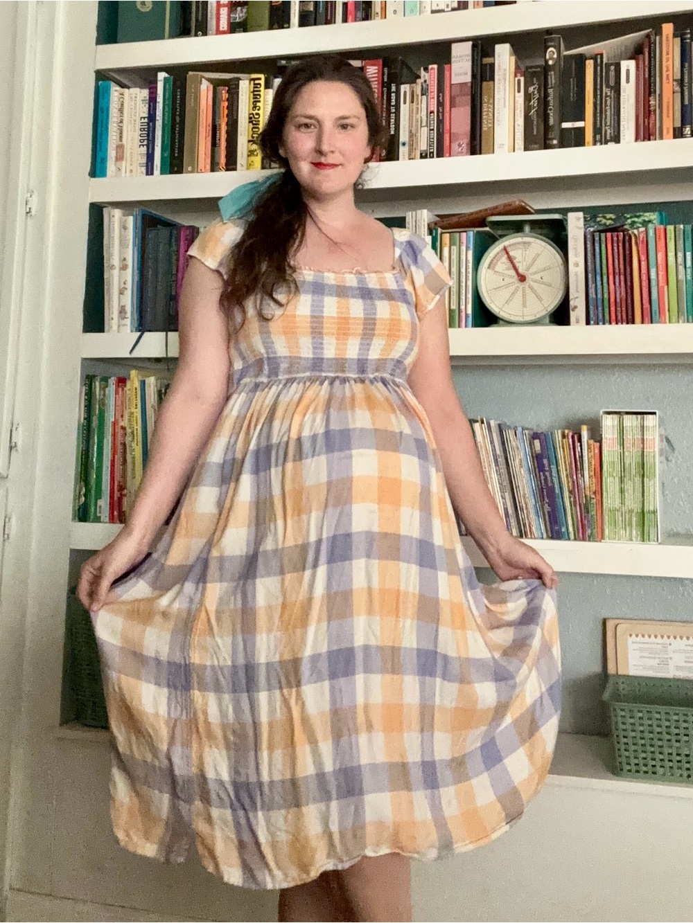 Taffy Tartan dress • Plaid smocked Midi Dress Orange & Lavender
